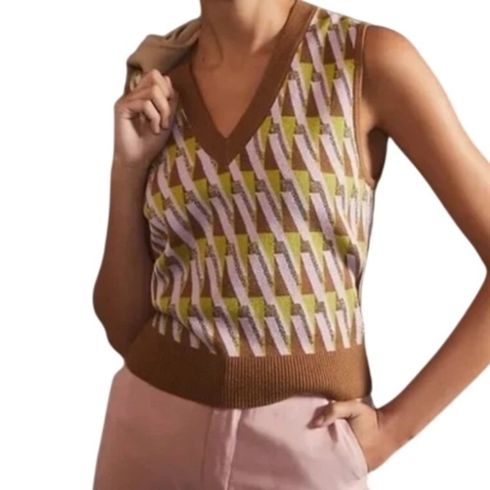 Maeve Anthropologie Vera Geometric Metallic Knit Sweater Vest Medium
